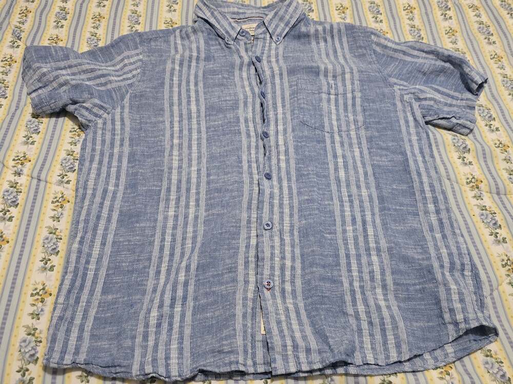 Weatherproof Vintage Mens XL Blue White Striped Linen Short Sleeve Button Shirt